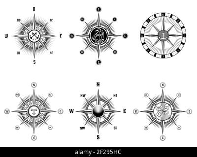 Ensemble d'icônes de compas marin ou nautique vintage dessinées de lignes noires sur un fond blanc. Illustration vectorielle Illustration de Vecteur