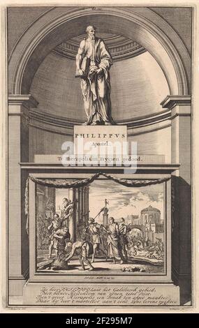 Apostel Filippus; Apostel de Philippus. Te Hiérapolis, dans Frygien gedood.l'apôtre Philippe avec un livre entre ses mains. Philip est sur une base où sa torture a été exposée sur le devant. PRENT dans le milieu du haut étiqueté: fol: 305. Banque D'Images