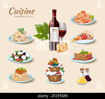 Cuisine italienne, ensemble de plats populaires avec cannelloni farcis soupe minestrone pâtes avec moule pizza ravioli tiramisu icônes plates vecteur Illustration de Vecteur