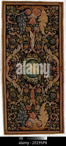 Savonnerie-tapijt met wereldbol.Savonnerie tapis avec globe. Sur une fond noire se trouve au milieu d'un médaillon ovale de beige entouré d'une couronne de feuilles ike, sur laquelle un globe de bleu nuancé. De chaque côté et à l'intérieur d'une urne bleue avec des acanthères ocreux comme bouton et pied. Ils reposent sur une rosette acanthus de Roserood, qui passe en deux voltes ramifiées symétriques, en jaune, violet-blanc, jaune, roserood et ceux entourés de boissons au vin avec des frais de raisin. Des côtés simples d'un morceau central d'acanthus rosettes en jaune, blanc et rouge deux grands volutes symétriques, qui ont expiré en f Banque D'Images