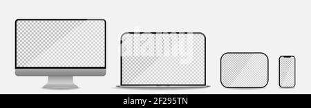 Ensemble réaliste d'ordinateur, d'ordinateur portable, de tablette et de smartphone. Maquette de périphérique multimédia avec écran transparent. Illustration vectorielle Illustration de Vecteur