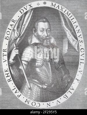 Maximilian I, électeur de Bavière. Gravure de 1620. Maximilian I (17 avril 1573 – 27 septembre 1651), parfois appelé « le Grand », membre de la Maison de Wittelsbach, a régné en tant que duc de Bavière à partir de 1597. Son règne fut marqué par la guerre de trente ans au cours de laquelle il obtint le titre de prince-électeur du Saint Empire romain au régime de Ratisbonne en 1623. Banque D'Images