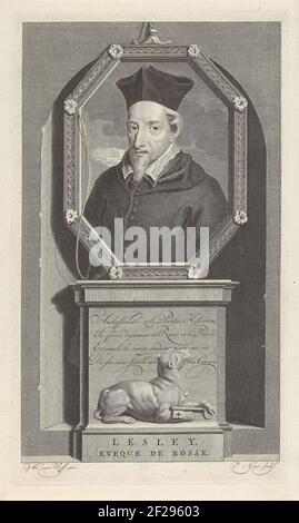 John Lesley, évêque de Ross et chasseur principal de Maria Stuart. Sous le portrait un chien avec une clé. L'imprimé a un poème français comme légende de sa vie. Banque D'Images