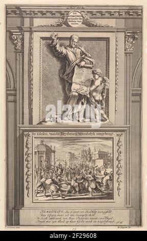 Apostel Timothée; de H. Timothée op Ziender der Kerken van Aziën, te Efesen, van de Heydenen rhedelyk omgebragt.l'apôtre Timothy possède une feuille de texte roulé qui est étudiée par un ange. Timothy se tient sur une base où il a été montré sur le front comment il a eu lieu jusqu'à la mort. PRENT au milieu de l'étiquette: II Chef des opérations de la pièce : 82. Banque D'Images