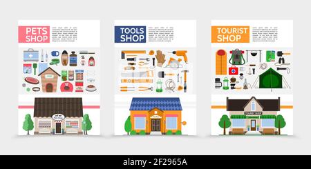 L'appartement stocke des affiches avec différents produits à vendre chez les animaux outils boutiques de tourisme illustration vectorielle isolée Illustration de Vecteur