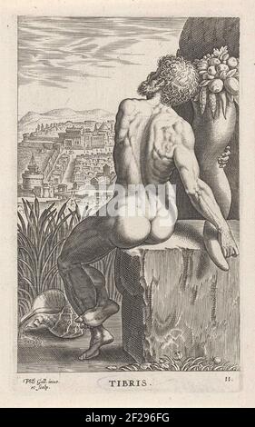 Riviergod Tibris; Tribis; Rivier- en zeegoden; Semideorum Marinorum amnicorumque sigillariae imagines perelegantes.The Tibris River god (le Tibre), assis sur un bloc de pierre. Dans ses mains la cornucopia. L'imprimé fait partie d'une série de dix-sept parties sur les uts de rivière et de mer. Banque D'Images