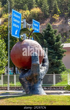 La statue de pomme au carrefour du centre-ville, faite pour symboliser la célèbre pomme Amasya Banque D'Images