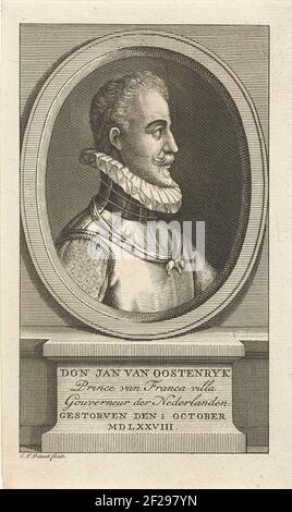 Portret van Don Juan van Oostrijk.Portrait buste en ovale à droite de Don Juan de l'Autriche, dans Harness. Pour son cou, un ruban est suspendu avec le symbole de l'ordre de la polaire dorée. Sous l'ovale sont indiqués sur une base, les titres et la date de décès. Banque D'Images