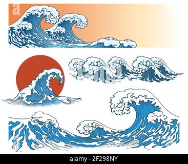 Vagues de style japonais. Vagues de mer, vagues de l'océan, onde de tempête. Illustration vectorielle Illustration de Vecteur