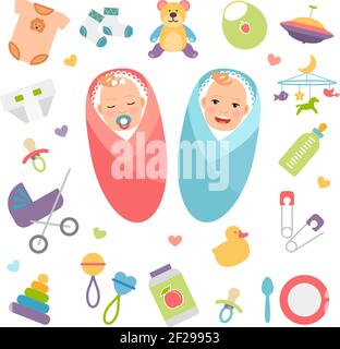 Bébés et produits pour bébés. Fille et garçon, accessoire pour enfants. Illustration vectorielle Illustration de Vecteur