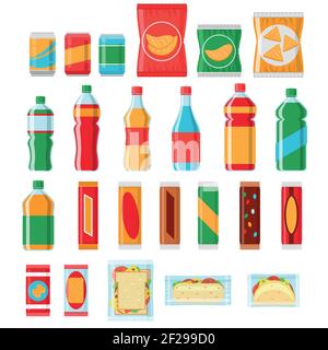 En-cas rapides et boissons symboles vectoriels plats. Distributeur automatique de produits, en-cas, produits à puce, illustration de l'emballage en-cas Illustration de Vecteur