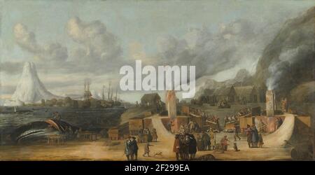 La raffinerie de pétrole de baleine près du village de Smerenburg.Smerenburg, sur l'île norvégienne de Spitsbergen, était une colonie de baleiniers néerlandais. Le peintre n'était jamais là, mais il a construit un hotchpotch de motifs dessinés et peints qu'il connaissait. Sur la plage, le brubber de baleines est sculpté en petits morceaux et bouilli. La graisse rendue a été versée dans des plateaux en bois, purifié, et l'huile résultante stockée dans des barils. La caserne des hommes est visible dans le fond droit. Banque D'Images