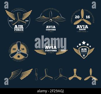 Éléments et logos de conception d'aéronefs. Hélice d'avion, emblème ou insigne, vol de timbre, illustration vectorielle Illustration de Vecteur