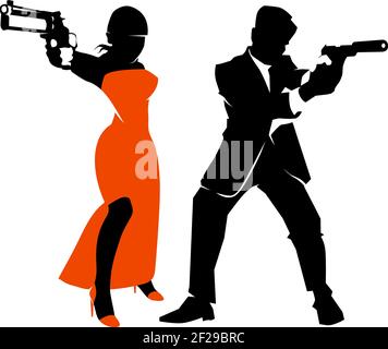 Jeu de vecteurs de couple d'espion. Homme et femme détective, arme et arme de poing Illustration de Vecteur
