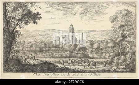 Gezicht op Chalo-Saint-Mars; Chalo Saint Mars veu du costume de Saint Hilaire; Gezichten op kasteel Longuetoise en omgeving.UN paysage avec des vaches et des vues sur l'église et les maisons de Chalo-Saint-Mars. Dans la prairie un berger et un berger et trois personnes sous un arbre. Banque D'Images