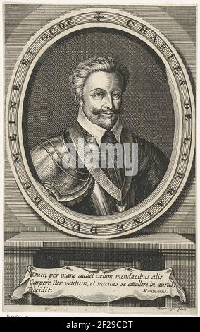 Portret van Charles de guise, duc de Mayenne.buste à droite de Charles de guise, duc de Mayenne dans un ovale contenant son nom et son titre. Sous le portrait un triple texte en latin. Banque D'Images