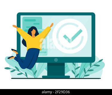 Femme heureuse et bureau avec coche. Concept de travail terminé ou terminé. Illustration vectorielle de style plat. Illustration de Vecteur