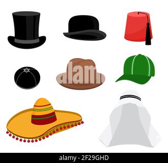 Ensemble chapeau traditionnel. Casquette de mode, coiffures circulaires, coiffures de type sombrero. Illustration vectorielle Illustration de Vecteur