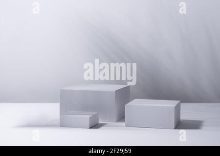 Podiums carrés blancs en plein soleil avec feuilles de palmier ombrées dans l'espace blanc. Vitrine tropicale pour les produits cosmétiques, les produits, les chaussures, les sacs, les montres. Banque D'Images