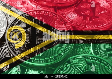 Drapeau bitcoin de Vanuatu, concept de crypto-monnaie du drapeau national fond noir Banque D'Images