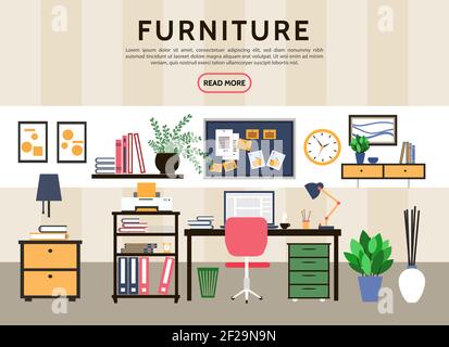 Concept de lieu de travail de conception plate avec imprimante d'autocollants de bureau pour ordinateur de table chemises lampe plantes étagères chaise d'horloge café tasse illustration vectorielle Illustration de Vecteur