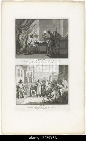 Deux performances bibliques de l'est. 6. Le roi Ahasveros ne peut pas dormir la nuit et lit par sa cour, et Haman conduit Mórdechai sur le cheval du roi Ahasveros par la ville. Deux représentations d'une plaque, chacune avec un titre en néerlandais et en français. Numéroté en bas à droite : 71. Banque D'Images