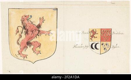 Twee wapenschilden.à gauche les armoiries de la famille Ter Borch, à droite un blason avec les deux armes des arrière-grands-parents de Gesina: Ter Borch et Blanckensteijn à gauche et Benhem et à droite. Banque D'Images