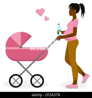 Femme enceinte noire avec un chariot de bébé. Une femme marche avec un enfant. Femme afro-américaine s'attendant à un bébé. Vecteur. Illustration de Vecteur