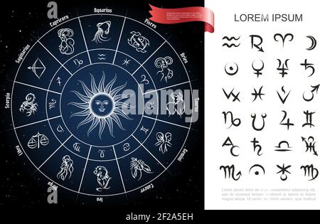 Composition du cercle du zodiaque avec les signes de l'horoscope et les symboles des planètes illustration du vecteur d'arrière-plan d'espace Illustration de Vecteur