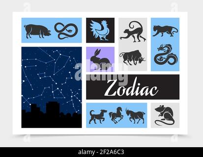 Vintage chinois zodiaque signes composition avec la carte céleste star rat boeuf tigre dragon serpent cheval singe coq chien bélier de porc vecteur silhouettes de lapin Illustration de Vecteur