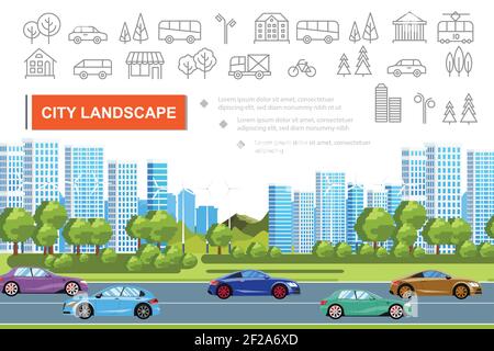 Concept de paysage urbain plat avec des bâtiments modernes arbres verts voitures déplacement sur route éoliennes et ville linéaires icônes vecteur illustration Illustration de Vecteur