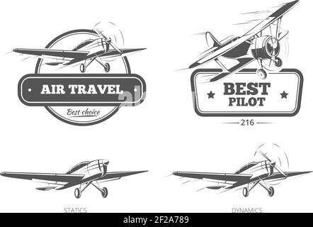 Badges d'aviation logos et emblèmes étiquettes. Avion et avion, pilote et voyage, illustration vectorielle Illustration de Vecteur