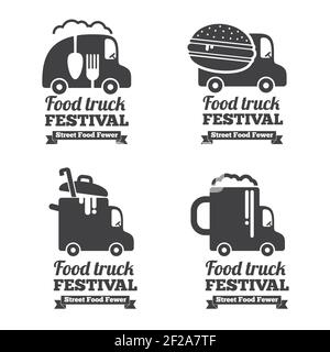 Logos, emblèmes et badges pour camions alimentaires Vector. Emblème de l'étiquette, illustration du restaurant et de la voiture de café Illustration de Vecteur