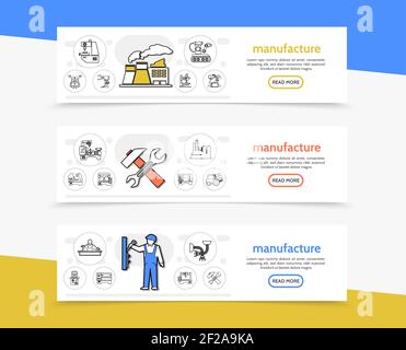 Fabrication de bannières horizontales avec outils de main-d'œuvre d'usine machines d'équipement industriel ingénieurs chariot élévateur bras robotiques lignes icônes vecteur illustrat Illustration de Vecteur