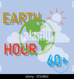 L'illustration montre une image de la grande terre et des nuages. Il y a un mot qui est Earth Hour 60+. Banque D'Images