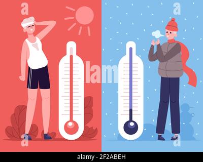 Homme par temps chaud et froid. Thermomètres de température extérieure, influence de la météo humaine. Personnage masculin en été et en hiver illustration vectorielle Illustration de Vecteur