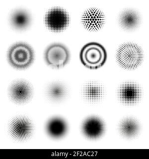 Motifs ronds demi-tons. Cercles points dégradés cadres vectoriels, texture demi-teinte de texture en pointillés. Jeu d'illustrations vectorielles formes rondes en pointillés abstraites Illustration de Vecteur