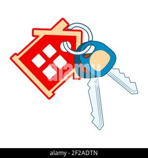 Porte-clés de maison et clé isolée sur fond blanc. Fabrication des clés. Porte-clés de la maison.Maison rouge avec fenêtres, deux clés et porte-clés.illustration vectorielle Illustration de Vecteur
