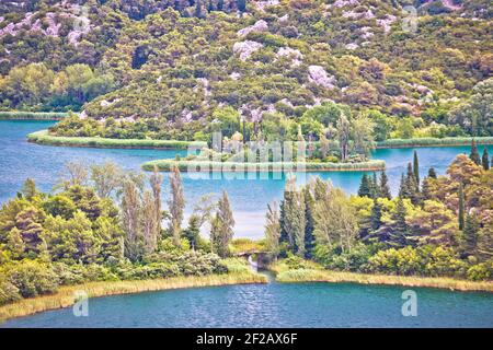 Lacs de Bacina paysage vue panoramique aérienne, région de Dalmatie du sud de la Croatie Banque D'Images