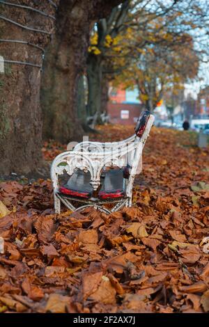 Automne Banc dans les feuilles tombées, banc, feuilles, feuille, automne, automne, marron, orange, blanc, arbre Banque D'Images