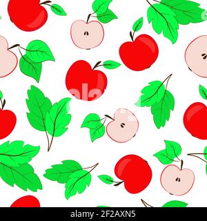 Motif répétitif sans couture avec pommes. Pommes rouges avec feuilles, entières et en moitiés. Fond clair et continu avec fruits pour le dessig de l'emballage textile Illustration de Vecteur