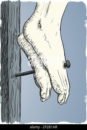 Les pieds de Jésus. Jésus Christ a crucifié sur la croix. Religion chrétienne et catholique. Illustration vectorielle Illustration de Vecteur