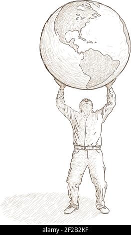 Illustration vectorielle d'un homme qui soutient le monde. Dessin à main levée, isolé de l'arrière-plan. Illustration de Vecteur