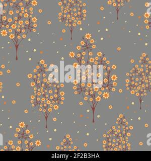 Motif vectoriel sans couture avec arbres en fleurs sur fond gris. Papier peint de paysage forestier simple. Arbres et fleurs. Illustration de Vecteur