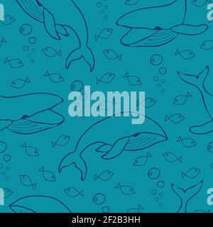 Motif vectoriel sans couture avec baleine et poissons sur fond bleu. Papier peint sous-marin simple. Textile de mode d'art de ligne. Illustration de Vecteur