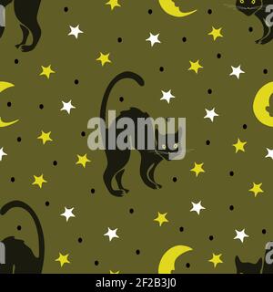 Motif vectoriel sans couture avec chats noirs sur fond vert. Lune et étoiles répètent le papier peint. Nuit d'Halloween. Illustration de Vecteur