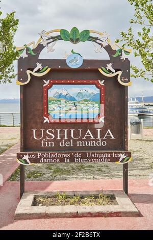 Signe de la fin du monde au port d'Ushuia à tierra del fuego, Patagonie, Amérique du Sud 2 Banque D'Images