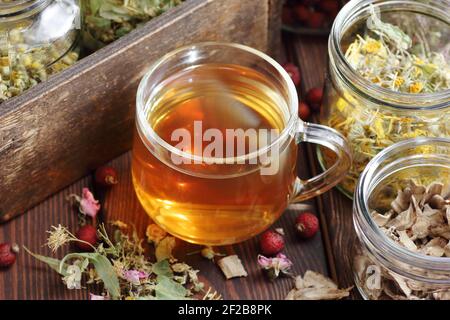 Tisanes et bocaux aux herbes homéopathiques sèches : camomille, tilleul, calendula, terrier, rosehIPS et fleurs, gros plan, espace de copie, naturopathie et natu Banque D'Images