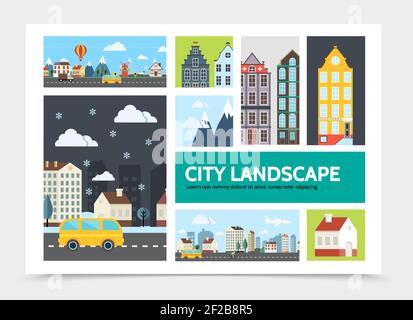 Concept d'infographie de paysage de ville plate avec différents bâtiments urbains montagnes illustration du vecteur ciel de l'avion de la banlieue bus Illustration de Vecteur