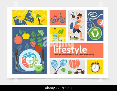 Flat Healthy style de vie concept d'infographie avec running man rollers tennis ballon de basket-ball de football réveil horloges vélo fruits légumes vecteur illus Illustration de Vecteur